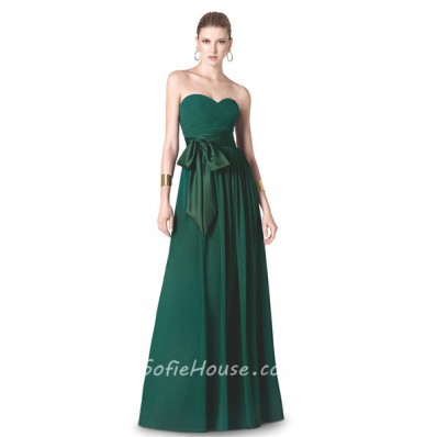 A Line Strapless Sweetheart Long Dark Green Chiffon Evening Dress With Sash Bow