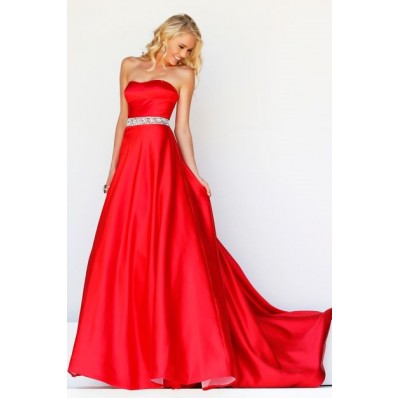 A Line Strapless Sweetheart Long Red Satin Prom Dress With Beading Belt