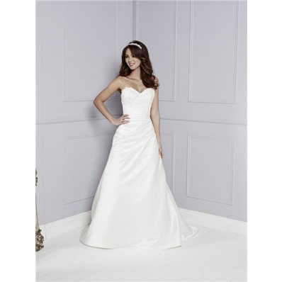 A Line Strapless Sweetheart Ruched Satin Lace Beaded Wedding Dress Buttons Court Train