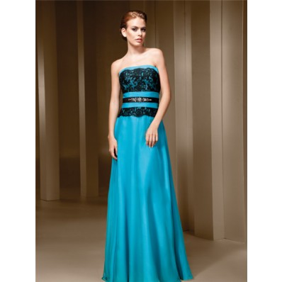 A Line Strapless Turquoise Blue Chiffon Black Lace Long Evening Dress With Crystals Belt