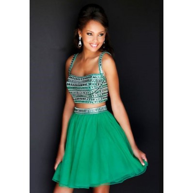 A Line Straps Short Emerald Green Organza Beaded Two Piece Cocktail Prom Dress