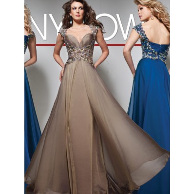 A Line Sweetheart Cap Sleeve Long Brown Chiffon Beaded Prom Dress With Straps