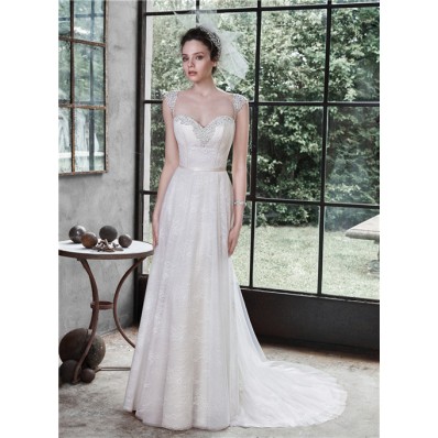 A Line Sweetheart Cap Sleeve Low Back Lace Beaded Wedding Dress Spaghetti Straps