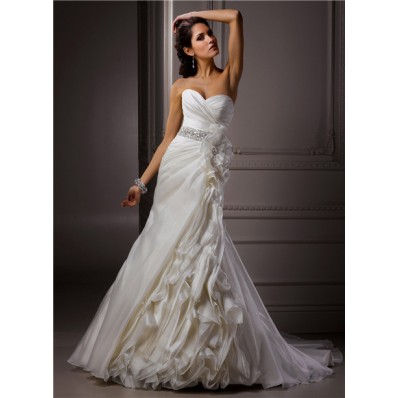 A Line Sweetheart Corset Back Ivory Structured Organza Wedding Dress With Flowers Crystals
