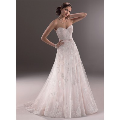 A Line Sweetheart Corset Back Lace Wedding Dress With Belt Bow