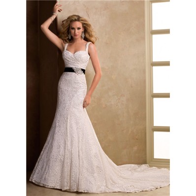 A Line Sweetheart Corset Back Lace Wedding Dress With Straps Black Sash