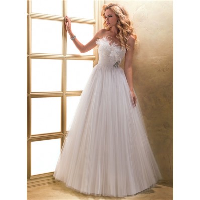 A Line Sweetheart Corset Back Pleated Tulle Wedding Dress With Feather Crystal