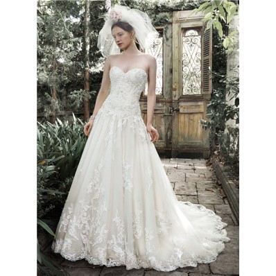 A Line Sweetheart Drop Waist Ivory Lace Corset Wedding Dress Detachable Straps