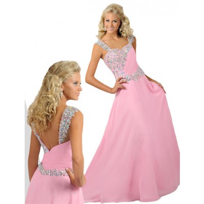 A Line Sweetheart Long Light Pink Chiffon Beaded Teen Prom Dress With Straps
