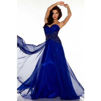 A Line Sweetheart Long Royal Blue Chiffon Beaded Formal Occasion Evening Dress