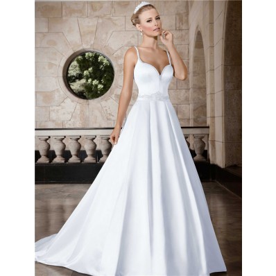 A Line Sweetheart Low Back Satin Wedding Dress With Beading Sash Straps