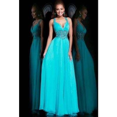 A Line Sweetheart Open Back Long Turquoise Chiffon Beaded Prom Dress With Straps