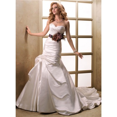 A Line Sweetheart Ruched Satin Wedding Dress With Detachable Black Sash