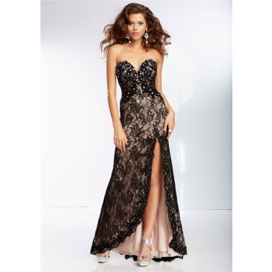 A Line Sweetheart Sheer See Through Corset Long Black Lace Beaded Prom Dress With Slit