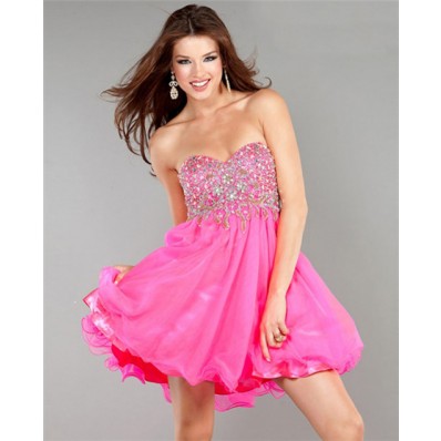 A Line Sweetheart Short Hot Pink Chiffon Beaded Sweet Sixteen Cocktail Party Dress