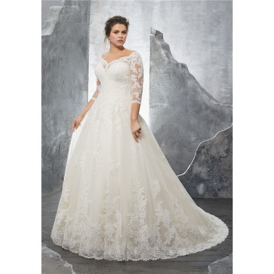 A Line Sweetheart Three Quarter Sleeve Tulle Lace Plus Size Wedding Dress