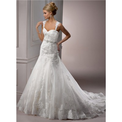 A Line Sweetheart Tulle Lace Wedding Dress With Detachable Straps Crystal
