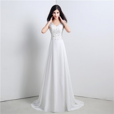 A Line V Neck Cowl Back Chiffon Lace Wedding Dress With Buttons
