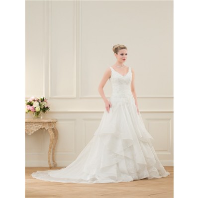 A Line V Neck Open Back Organza Ruffle Lace Beaded Wedding Dress With Buttons