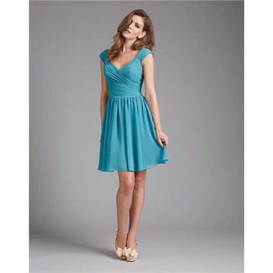 A Line V Neck Short Teal Blue Chiffon Ruched Wedding Guest Bridesmaid Dress With Straps