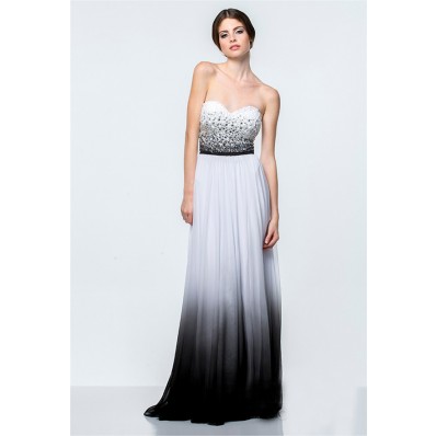 A Line White And Black Ombre Chiffon Beaded Long Evening Prom Dress Corset Back