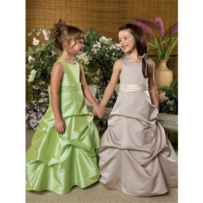 A-line Princess Scoop Floor Length Green Taffeta Wedding Flower Girl Dress With Sash