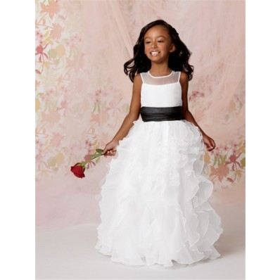 A-line Princess Scoop Floor length White Organza Flower Girl Dress with Ruffles Black Sash
