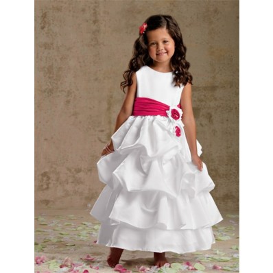 A-line Princess Scoop Tea Length White Puffy Taffeta Flower Girl Dress With Sash