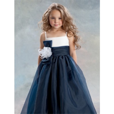 A-line Princess Spaghetti Strap Tea Length Navy Blue Organza Flower Girl Dress With Flower