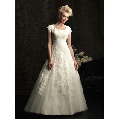 A line square chapel train modest lace wedding dress with short sleeves
