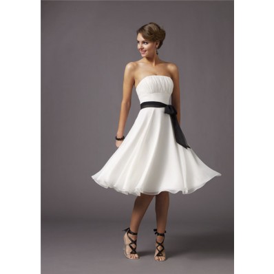 A line strapless knee length white chiffon bridesmaid dress with sash