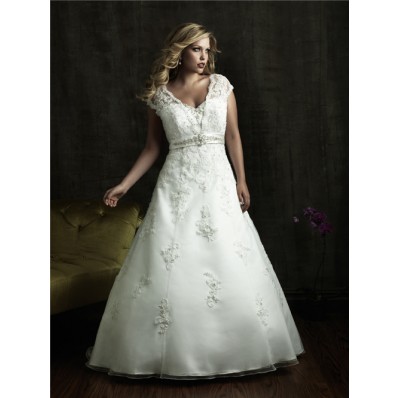 A line v neck court train modest designer lace plus size wedding dresses with beading