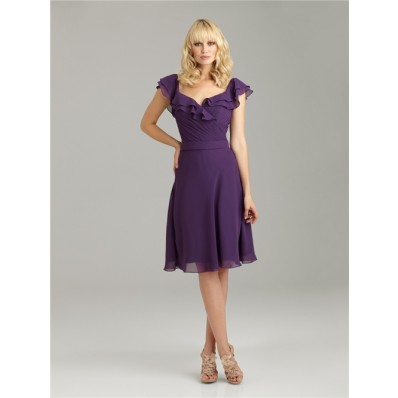A line v neck knee length short purple chiffon bridesmaid dress with cap sleeves and ruffles