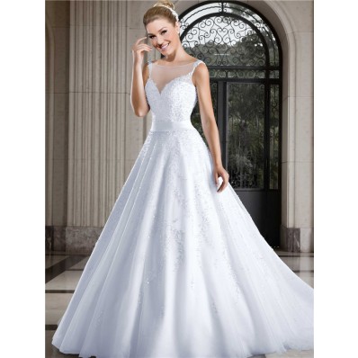 Ball Gown Bateau Illusion Neckline Low Back Tulle Pearl Beaded Wedding Dress
