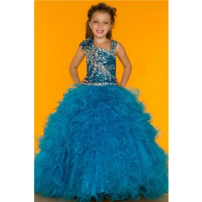 Ball Gown Blue Sequin Beaded Puffy Tulle Little Girl Pageant Party Dress