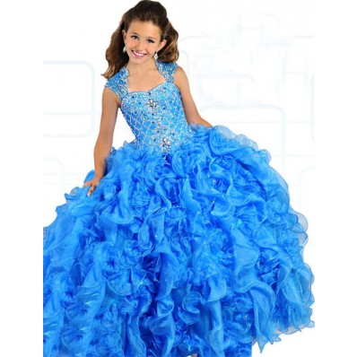 Ball Gown Cut Out Back Blue Organza Ruffle Beaded Puffy Girl Pageant Prom Dress
