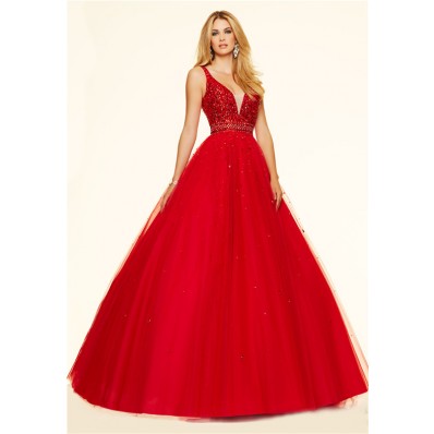 Ball Gown Deep V Neck Red Tulle Beaded Prom Dress