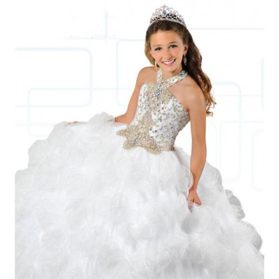 Ball Gown Halter White Tulle Ruffle Beaded Puffy Girl Pageant Prom Dress