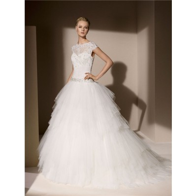Ball Gown High Neck Cap Sleeve Layered Tulle Lace Wedding Dress With Crystals Beading