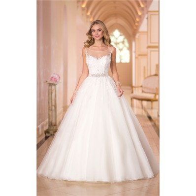 Ball Gown Illusion Bateau Neckline Tulle Lace Corset Wedding Dress With Sash