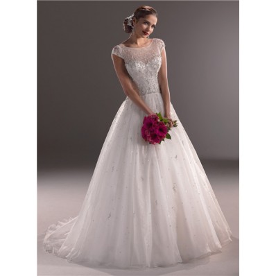 Ball Gown Illusion Neckline Cap Sleeve Tulle Wedding Dress With Crystal Beading