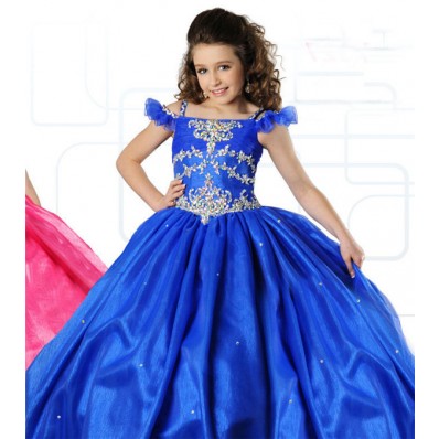 Ball Gown Off The Shoulder Royal Blue Organza Beaded Girl Party Dress With Straps