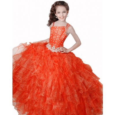 Ball Gown Orange Organza Ruffle Beaded Girl Pageant Prom Dress With Straps