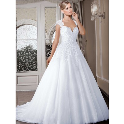 Ball Gown Queen Anne Neckline Cap Sleeve Tulle Lace Wedding Dress With Buttons
