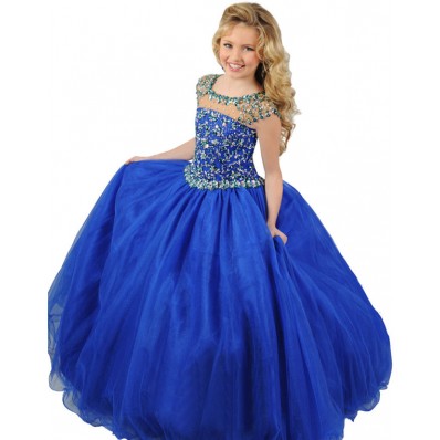 Ball Gown Round Neck Cap Sleeve Royal Blue Tulle Beaded Girl Party Prom Dress