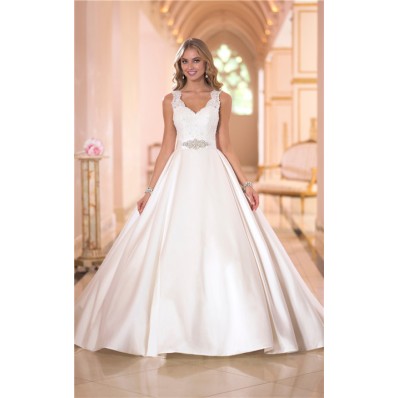 Ball Gown Scalloped Neck Keyhole Open Back Satin Lace Wedding Dress Crystals Sash