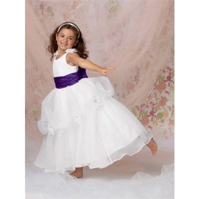 Ball Gown Scoop Floor Length White Organza Flower Girl Dress With Purple Sash Bow