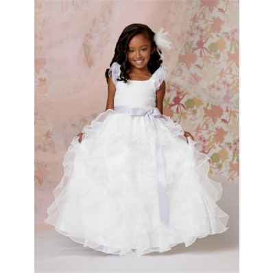 Ball Gown Scoop Floor Length White Organza Flower Girl Dress with Ruffles Bow