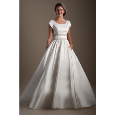 Ball Gown Scoop Neck Cap Sleeve Satin Beaded Modest Wedding Dress