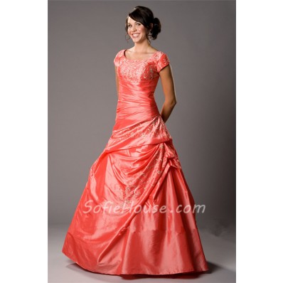 Ball Gown Scoop Neck Coral Taffeta Embroidery Modest Prom Dress With Sleeves